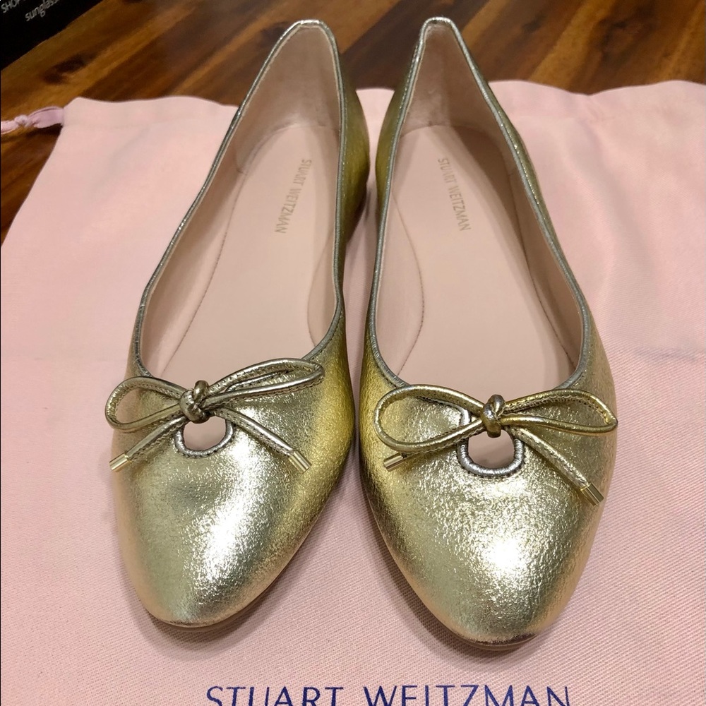 Stuart Weitzman Ballet Flats Gabby Bow Metallic Gold Leather Size 7.5 $350 NWT!!